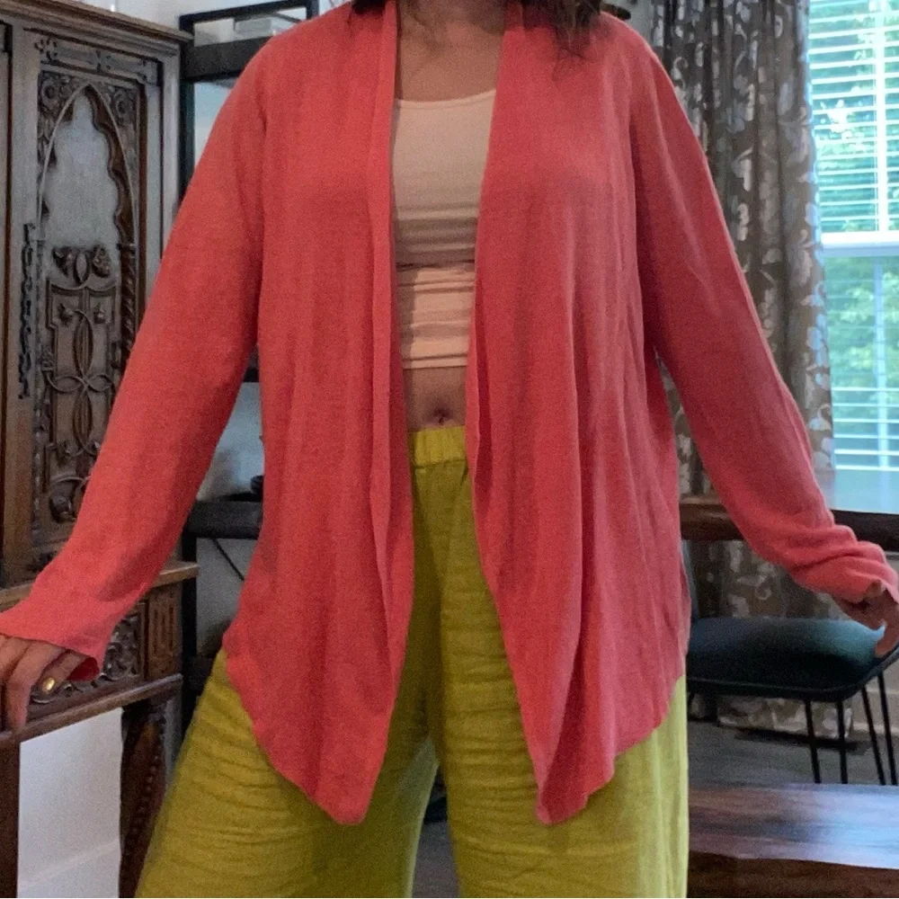 Eileen Fisher 100% Organic Linen Flora Cardigan Coral Angled Open Front 2X EUC